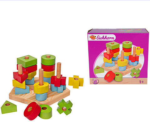 Fa toronyépítő Stacking Toy Eichhorn 5 különböző színes alakzattal 21 darabos 12 hó-tól