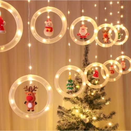 Karácsonyi Fényfüzér 10 Db Gyűrűvel, 5 Féle Dísszel – Lógó Ablakdísz 110LED, 3M, Melegfehér