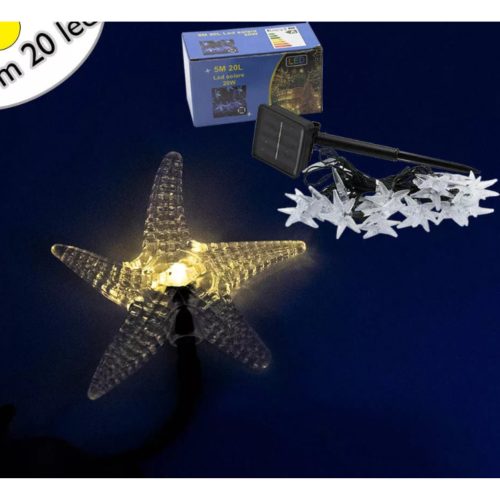 Napelemes karácsonyi LED fényfüzér - csillag alakú, 20 LED, meleg fehér / 5 m