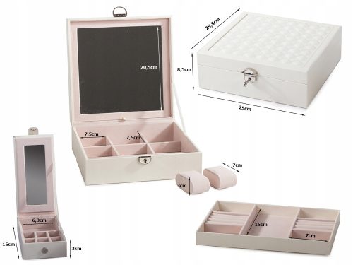 Ékszer tartó doboz tükörrel 25.5x25.5x8.5cm - fehér