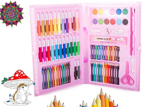 Festő és rajzoló készlet tokban 86db, rózsaszín - 34x23x4cm