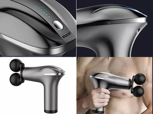 Akkumulátoros masszázspisztoly 5 fejjel - ezüst