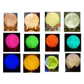 3D RGB LED akkumulátoros hold lámpa fa állvánnyal - 14cm