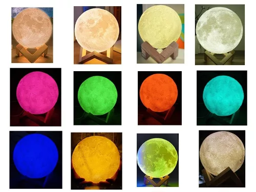 3D RGB LED akkumulátoros hold lámpa fa állvánnyal - 14cm