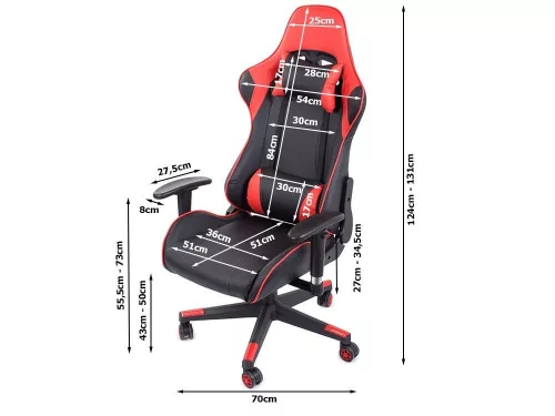 Görgős gamer szék két párnával, dőlés állítással és 2D karfával - piros
