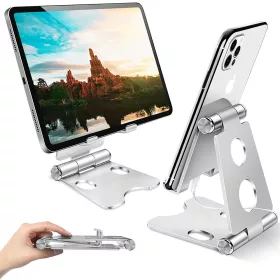 Fém összecsukható tablet és telefontartó - ezüst