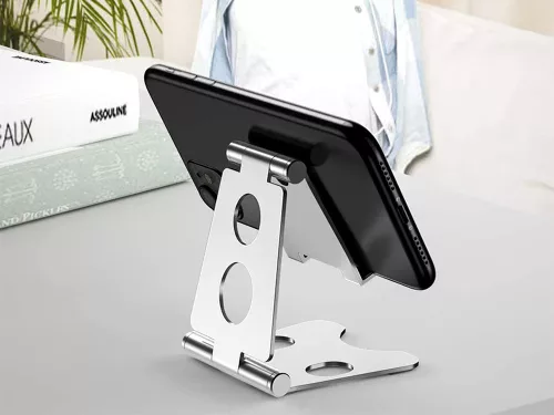 Fém összecsukható tablet és telefontartó - ezüst