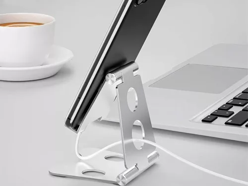 Fém összecsukható tablet és telefontartó - ezüst