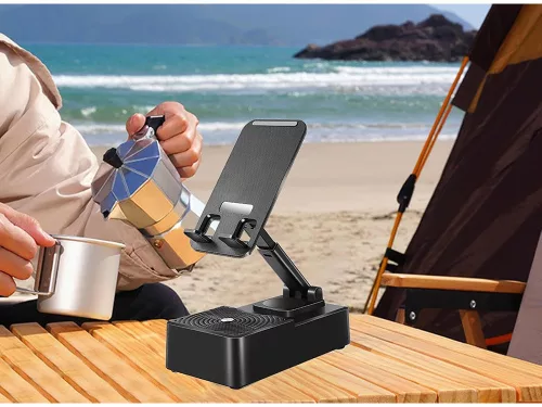 Asztali telefontartó beépített bluetooth hangszóróval, fekete - 14x8x4cm