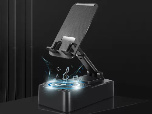 Asztali telefontartó beépített bluetooth hangszóróval, fekete - 14x8x4cm