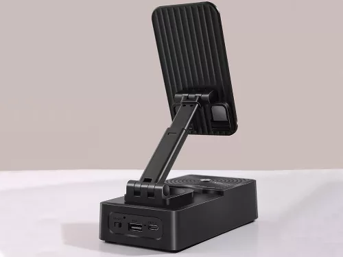 Asztali telefontartó beépített bluetooth hangszóróval, fekete - 14x8x4cm