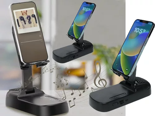 Asztali telefontartó beépített bluetooth hangszóróval és külső akkumulátorral - fekete