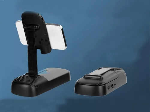 Asztali telefontartó beépített bluetooth hangszóróval és külső akkumulátorral - fekete