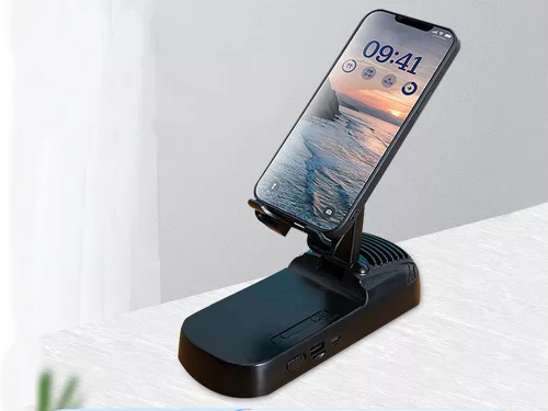Asztali telefontartó beépített bluetooth hangszóróval és külső akkumulátorral - fekete