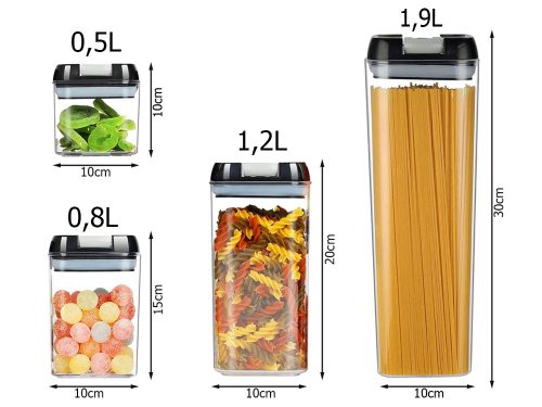 Légmentesen zárodó átlátszó műanyag konyhai tároló készlet - 5db