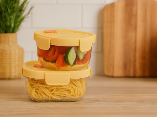 Üveg ételtárolók szilikon fedéllel és hűtőtáskával, 650ml/950ml - sárga