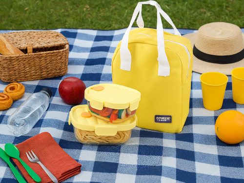 Üveg ételtárolók szilikon fedéllel és hűtőtáskával, 650ml/950ml - sárga