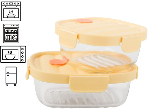 Üveg ételtárolók szilikon fedéllel és hűtőtáskával, 650ml/950ml - sárga