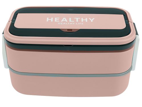 Két rekeszes uzsonnásdoboz evőeszközökkel, rózsaszín - 21,5x11,5x11cm