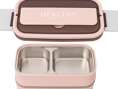 Két rekeszes uzsonnásdoboz evőeszközökkel, rózsaszín - 21,5x11,5x11cm