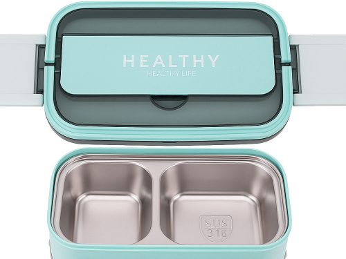 Két rekeszes uzsonnásdoboz evőeszközökkel, kék - 21,5x11,5x11cm