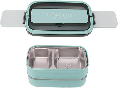 Két rekeszes uzsonnásdoboz evőeszközökkel, kék - 21,5x11,5x11cm