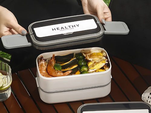 Két rekeszes uzsonnásdoboz evőeszközökkel, fehér - 21,5x11,5x11cm