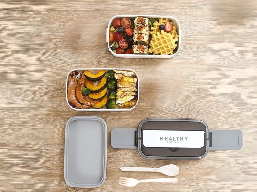 Két rekeszes uzsonnásdoboz evőeszközökkel, fehér - 21,5x11,5x11cm