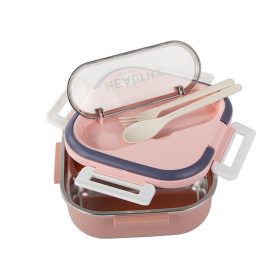   Három rekeszes uzsonnásdoboz telefontartóval és evőeszközökkel, rózsaszín - 19x19x8,5cm