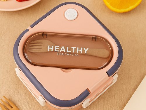 Három rekeszes uzsonnásdoboz telefontartóval és evőeszközökkel, rózsaszín - 19x19x8,5cm