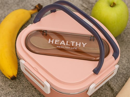 Három rekeszes uzsonnásdoboz telefontartóval és evőeszközökkel, rózsaszín - 19x19x8,5cm