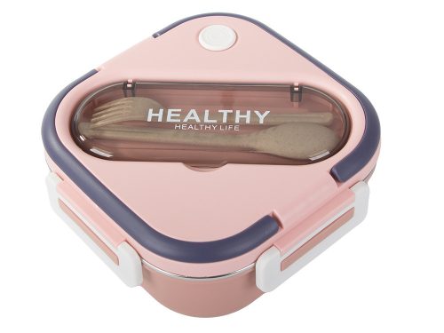 Három rekeszes uzsonnásdoboz telefontartóval és evőeszközökkel, rózsaszín - 19x19x8,5cm