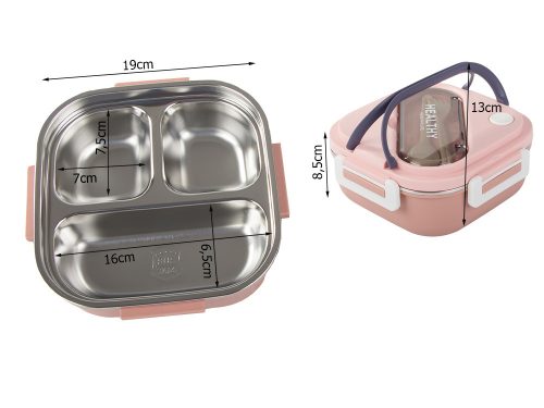 Három rekeszes uzsonnásdoboz telefontartóval és evőeszközökkel, rózsaszín - 19x19x8,5cm