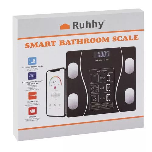 Ruhhy okos személymérleg LED kijelzővel és 180kg-os teherbírással, 26x26x2,2cm - fekete