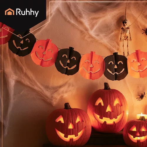 Halloween tök girland, fekete/narancssárga - 3m