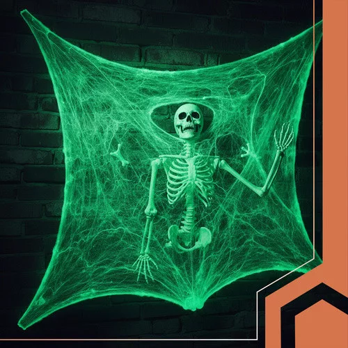 Dekorációs fluoreszkáló pókháló 20 pókkal