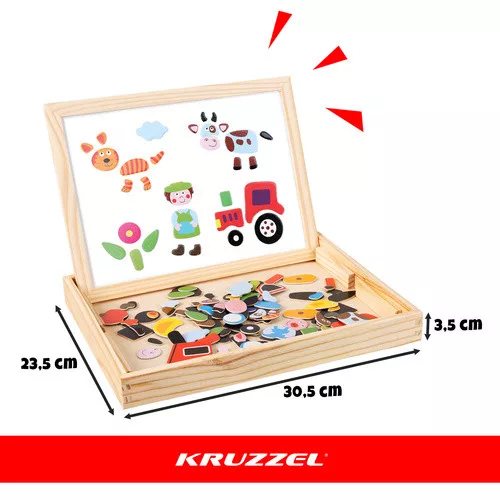 Kétoldalas mágneses kréta és szárazon törölhető tábla fa dobozban kiegészítőkkel