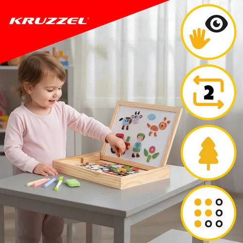 Kétoldalas mágneses kréta és szárazon törölhető tábla fa dobozban kiegészítőkkel