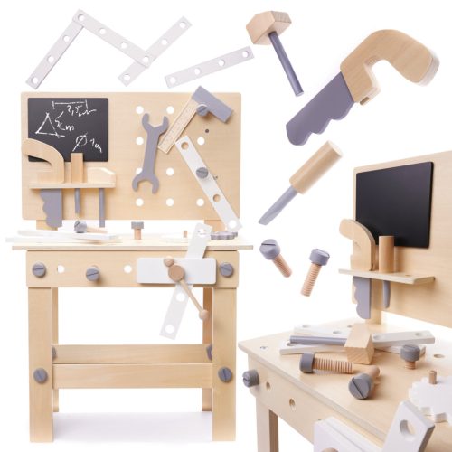 Fából készült műhely szerszámokkal egy asztalon DIY készlet