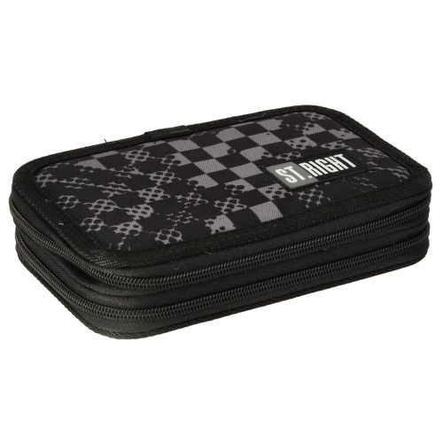 2 rekeszes tolltartó írószerekkel és kiegészítőkkel 19x13x4,5cm - fekete/fehér kockás