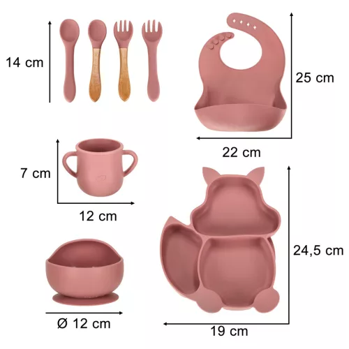 Gyerek szilikon étkészlet, rózsaszín - 9db