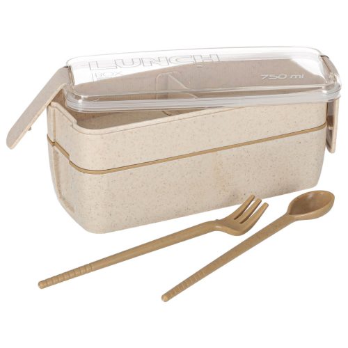 Kétszintes ételdoboz evőeszközökkel, bézs - 750ml