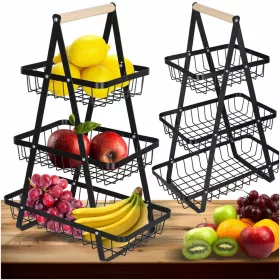 Háromszintes fém gyümölcskosár, fekete - 34x17,5x48cm
