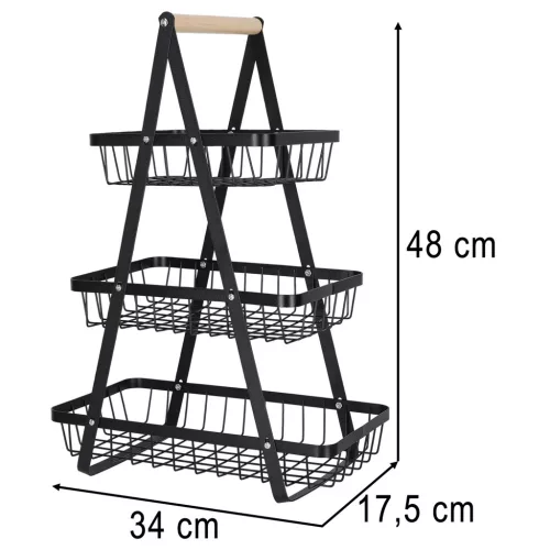 Háromszintes fém gyümölcskosár, fekete - 34x17,5x48cm