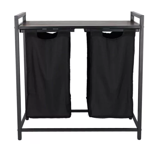 Dupla kihúzható textil szennyeskosár fém kereten polccal - 73x33x73,2cm