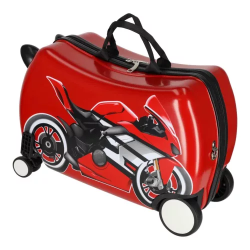 Gyerek ráülős kerekes bőrönd - piros motoros