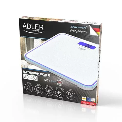Fürdőszobai mérleg LCD kijelzővel és élvilágítással, fehér 180kg/100g - 30x30cm