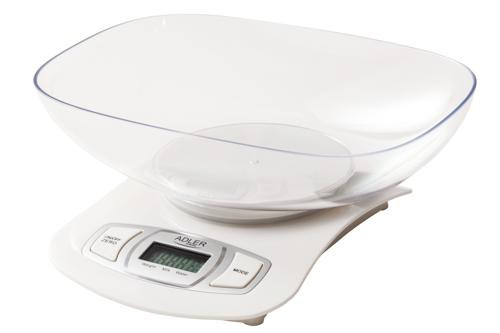Konyhai mérleg tállal, fehér- 5kg/1g